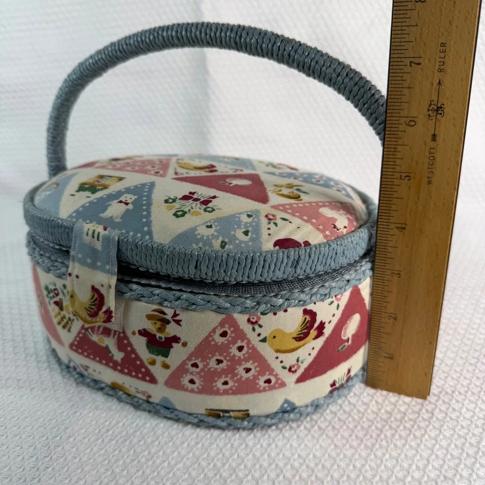 Vintage Oval Sewing Basket Blue Wicker Trim Patchwork Bird Print with Tray
